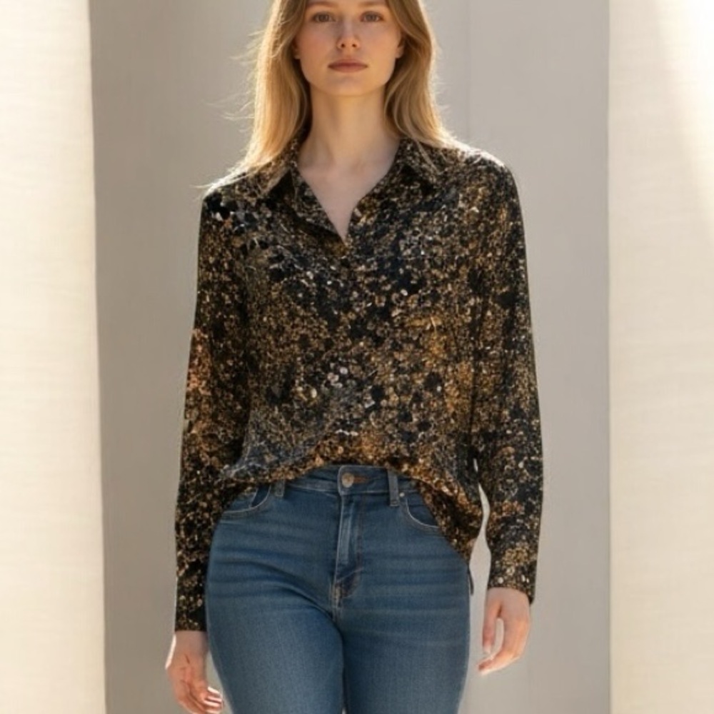 Evereve Sasha satin top Black and Gold Patterned Blouse